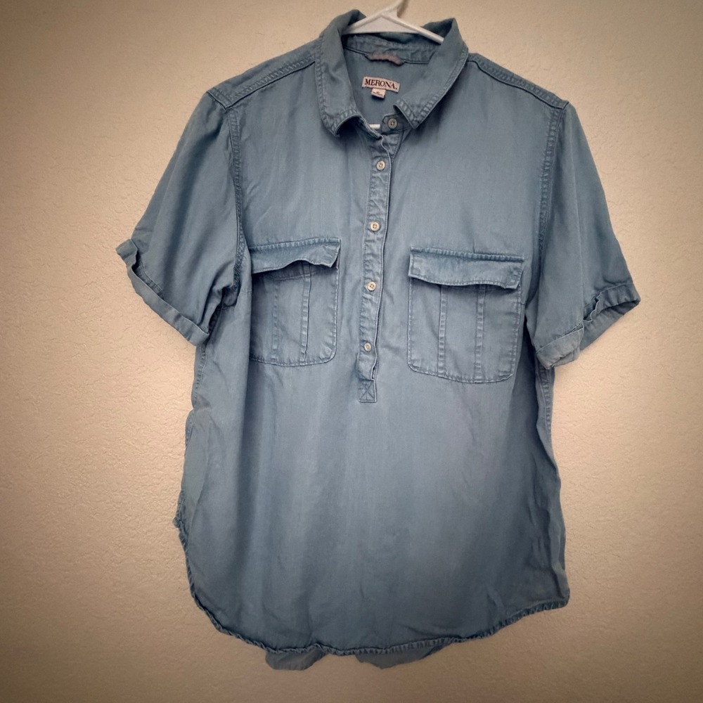 Merona Womens Light Wash Lyocell Short Sleeve Popover Denim Shirt Blouse XL - Picture 2 of 7